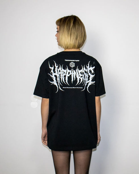 Schwarzes Happiness Techno T-Shirt für Raver von Technostoff, von hinten fotografiert, getragen von weiblichem Model